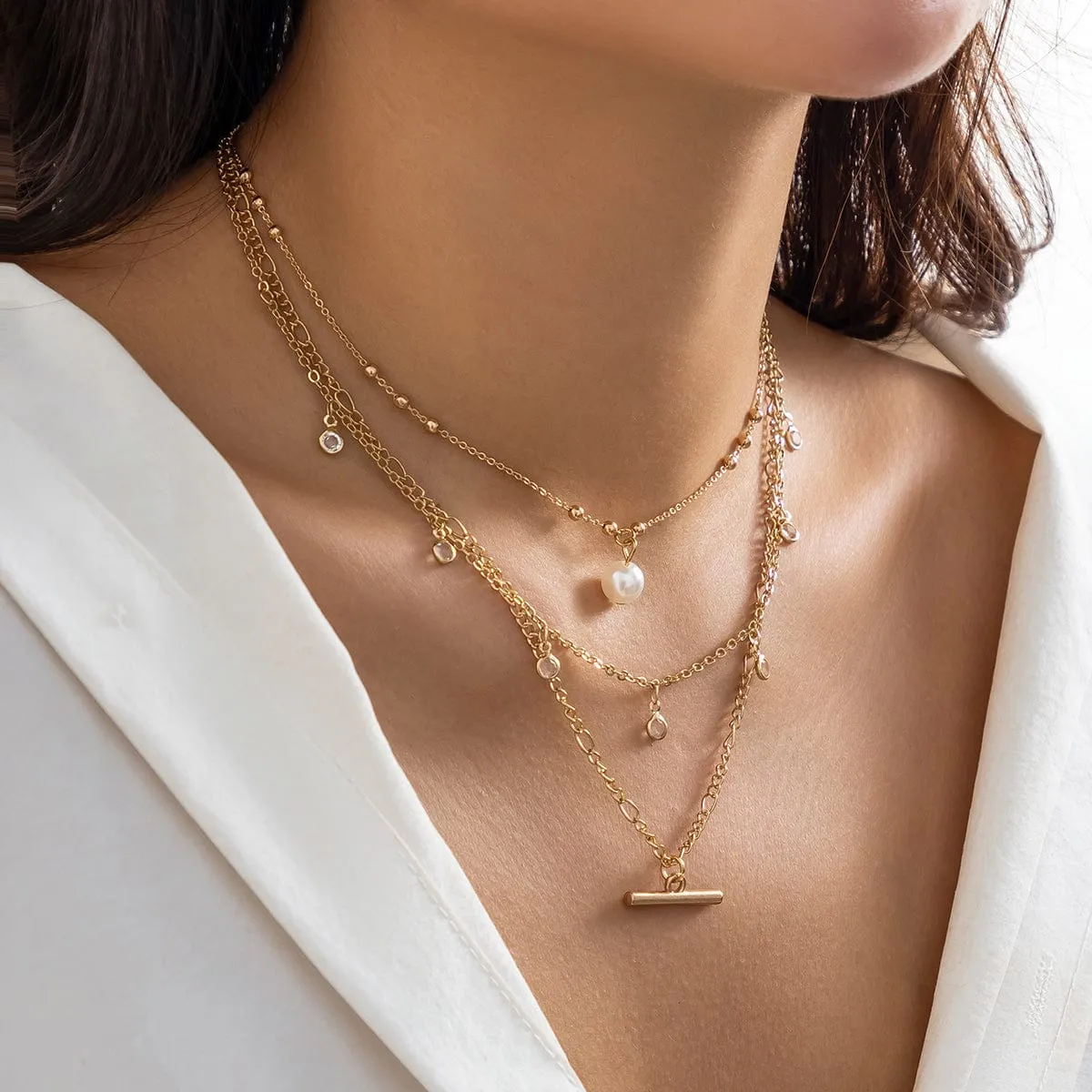 Trendy Layered CZ Tassel Bar Pearl Pendant Cable Chain Necklace Set
