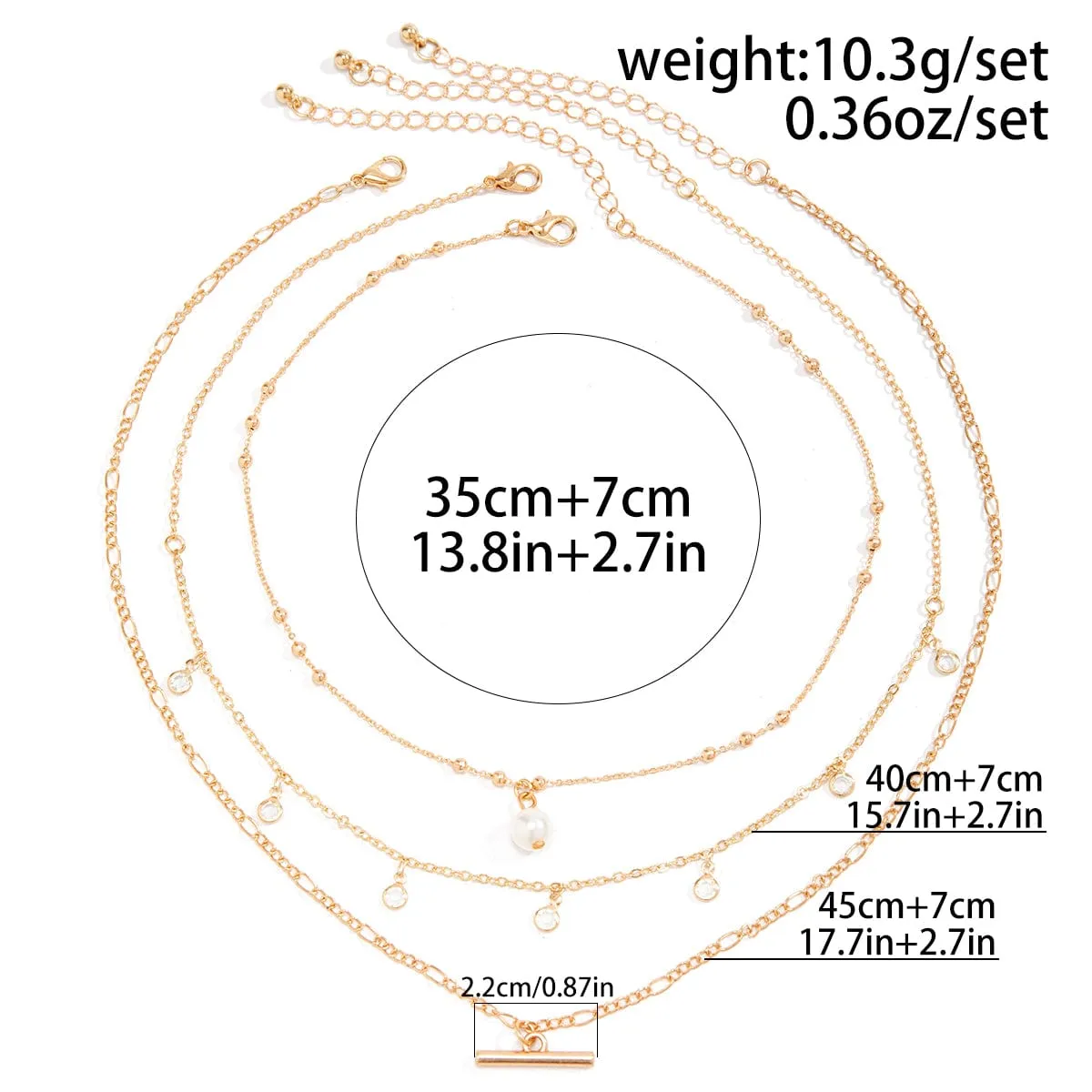 Trendy Layered CZ Tassel Bar Pearl Pendant Cable Chain Necklace Set