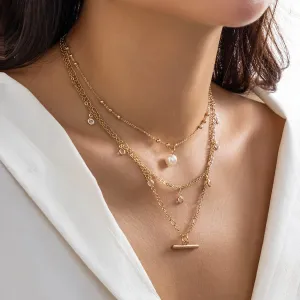 Trendy Layered CZ Tassel Bar Pearl Pendant Cable Chain Necklace Set