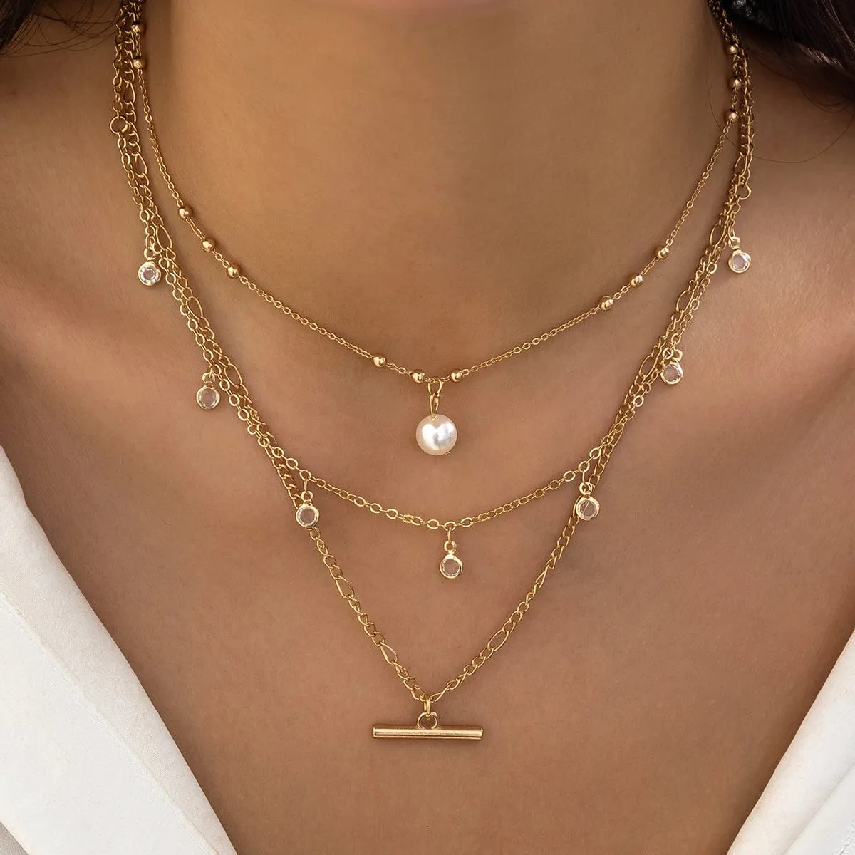 Trendy Layered CZ Tassel Bar Pearl Pendant Cable Chain Necklace Set