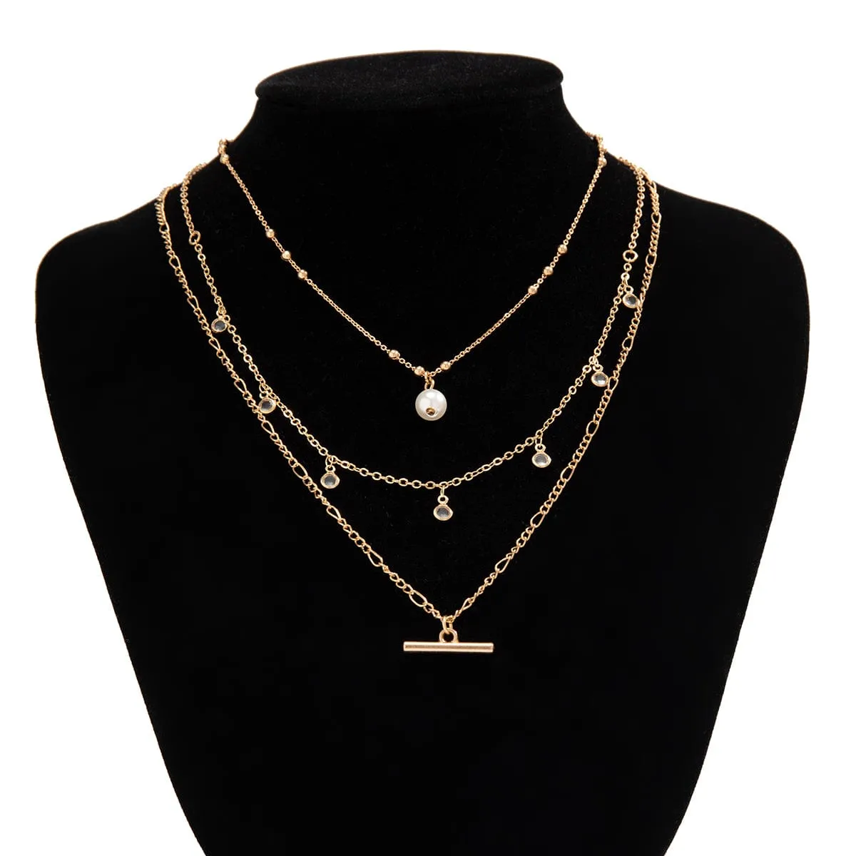 Trendy Layered CZ Tassel Bar Pearl Pendant Cable Chain Necklace Set