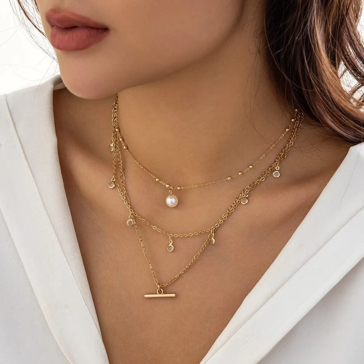 Trendy Layered CZ Tassel Bar Pearl Pendant Cable Chain Necklace Set