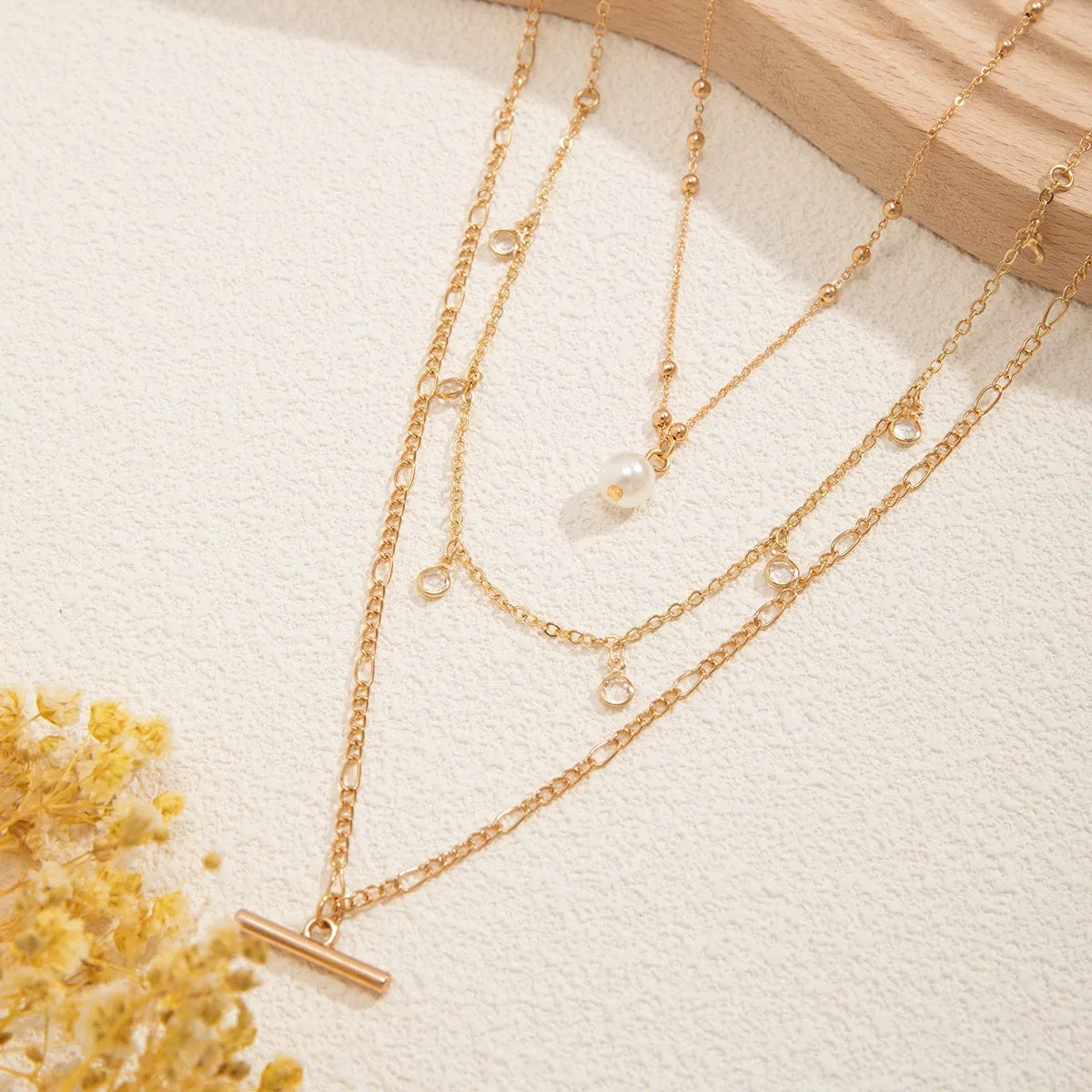 Trendy Layered CZ Tassel Bar Pearl Pendant Cable Chain Necklace Set