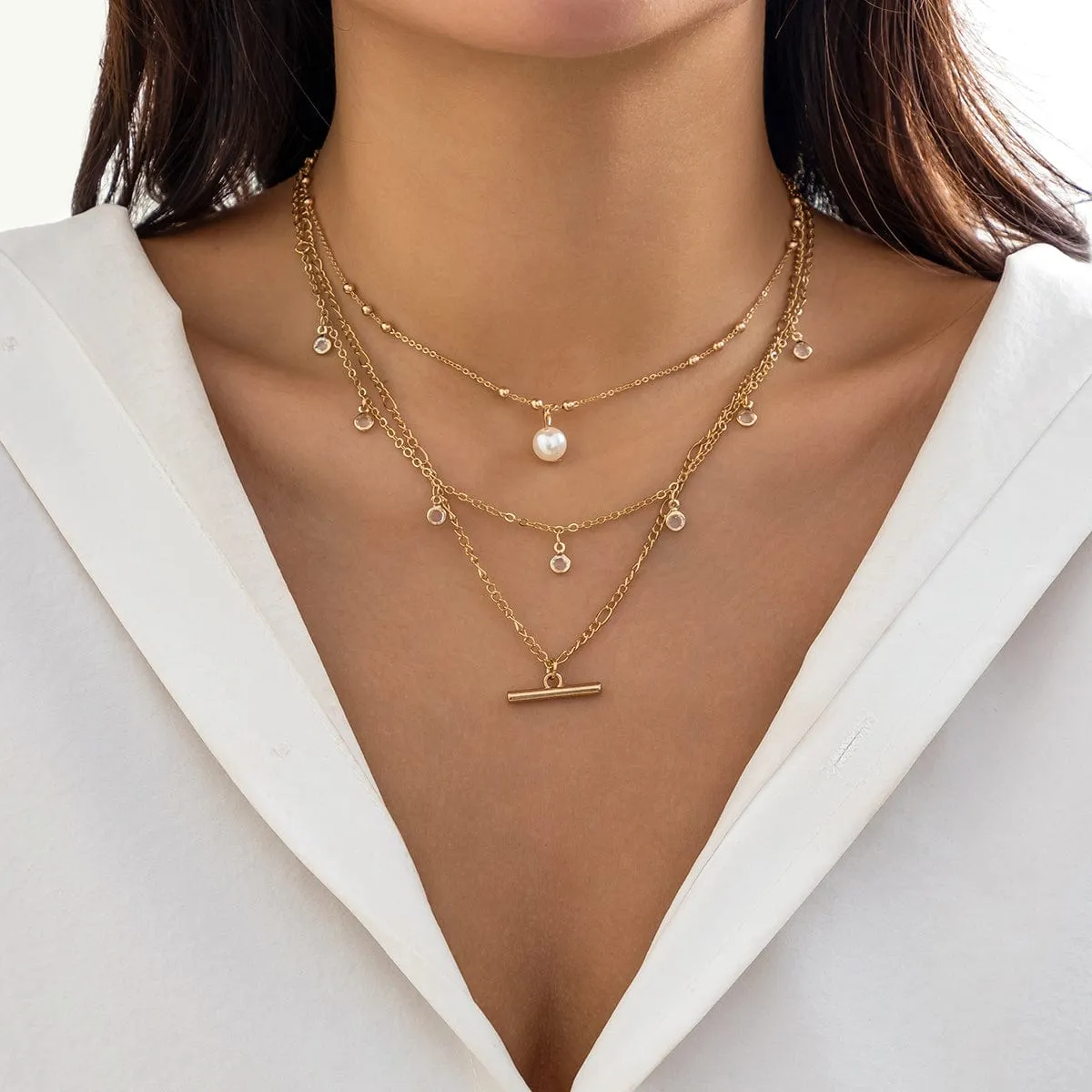 Trendy Layered CZ Tassel Bar Pearl Pendant Cable Chain Necklace Set