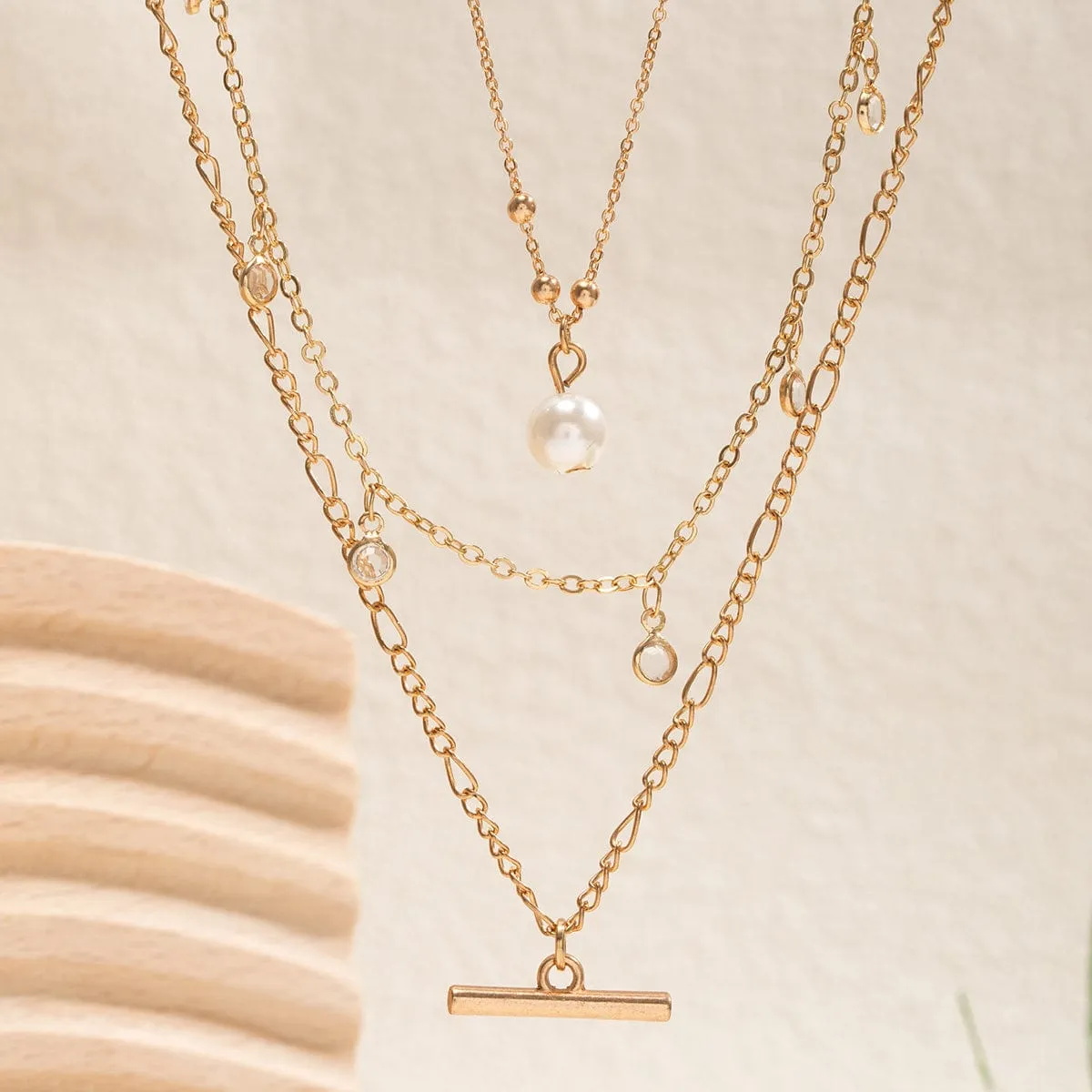 Trendy Layered CZ Tassel Bar Pearl Pendant Cable Chain Necklace Set