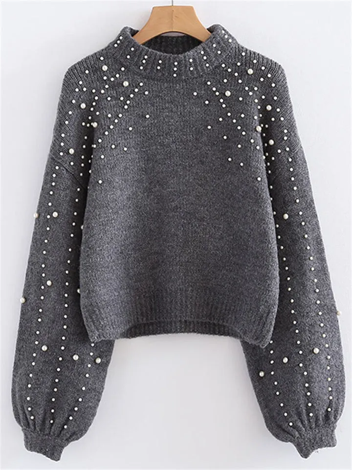 Trendy Round Neck Pearls Decorated Sweater
