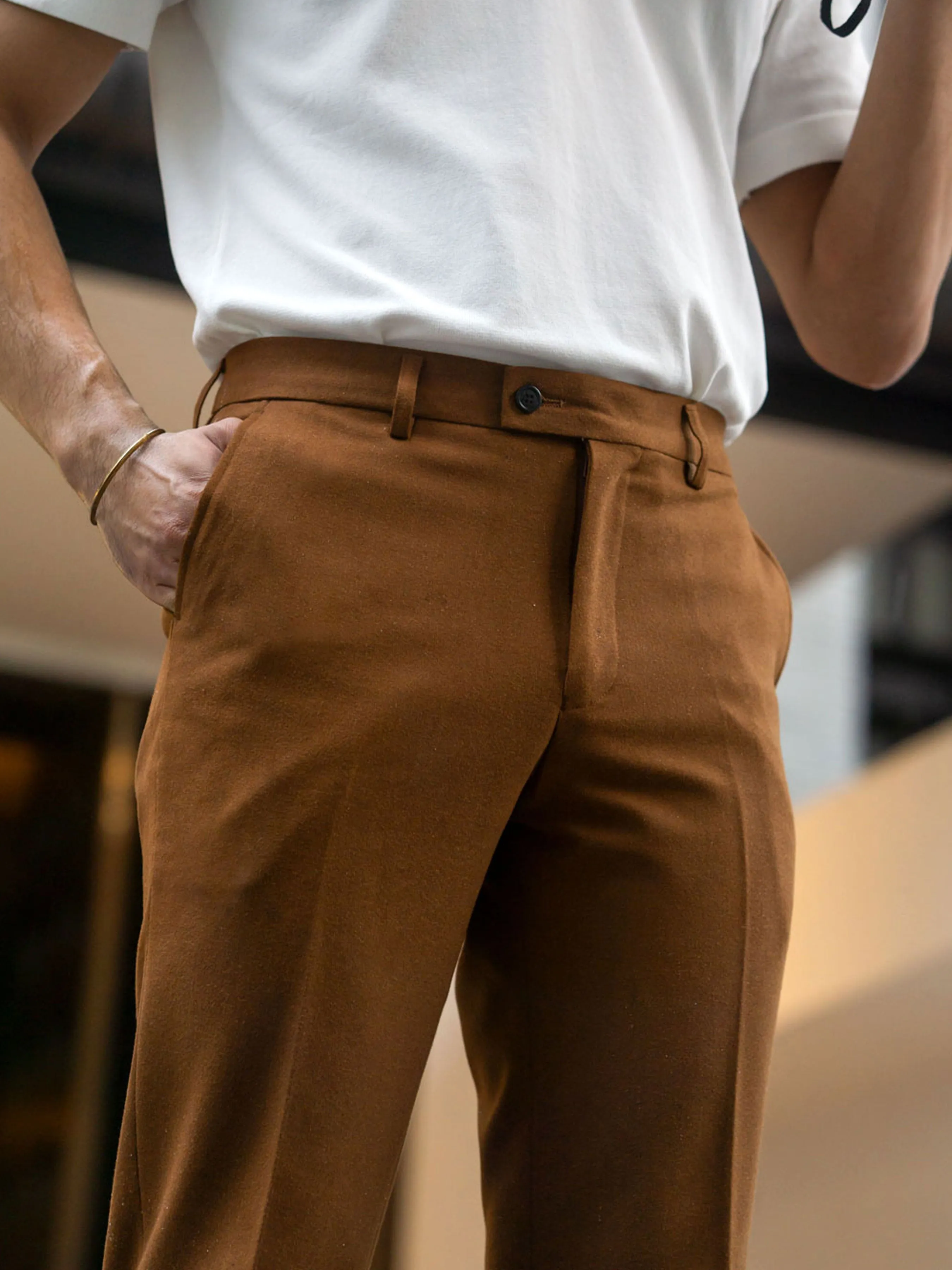 Trousers With Belt Loop - Cinnamon Textured Plain (Slim Straight)