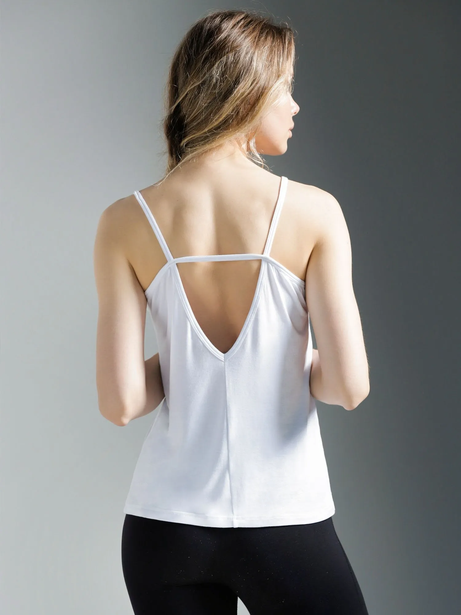 V BACK SINGLET, WHITE MODAL