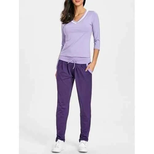 V Neck T-shirt and Drawstring Sports Pants - Purple 2xl