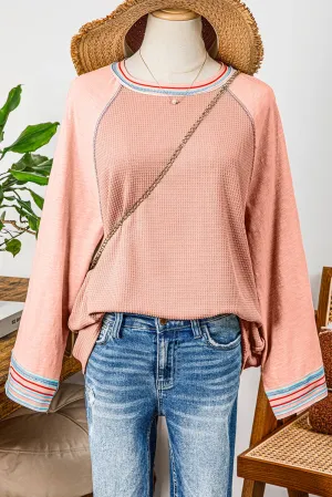 Waffle Knit Wide Bracelet Sleeve Patchwork Raglan Top