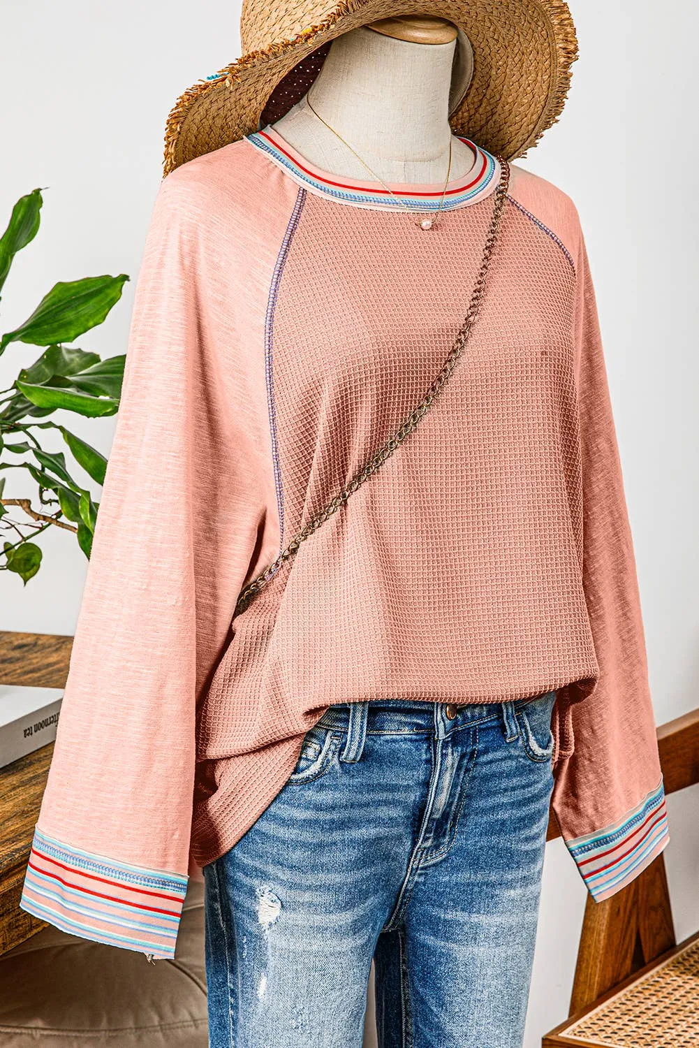 Waffle Knit Wide Bracelet Sleeve Patchwork Raglan Top