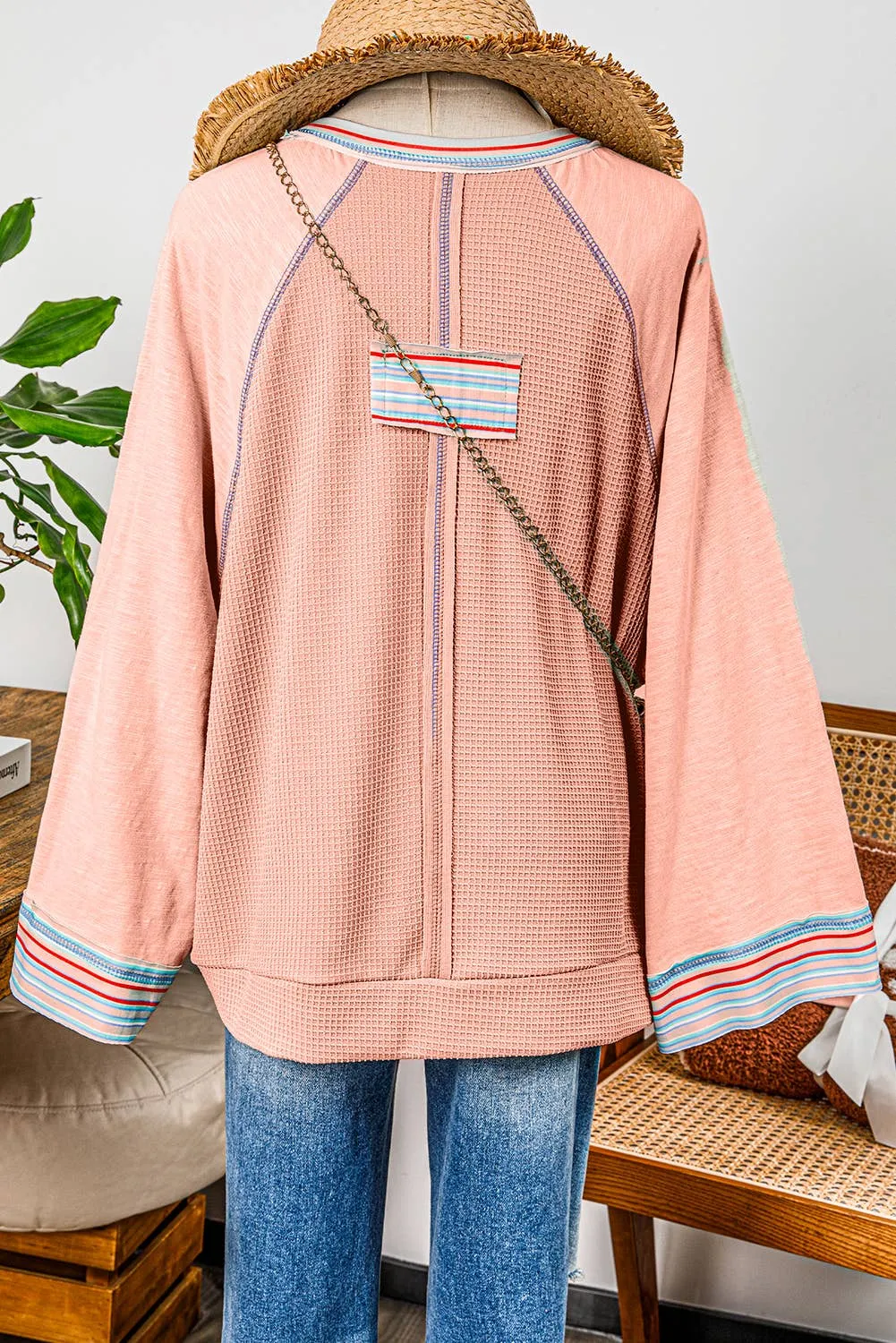 Waffle Knit Wide Bracelet Sleeve Patchwork Raglan Top