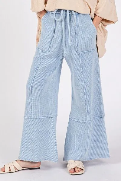 Waffle Textured Wide Leg Mineral Washed Pants in Light Blue