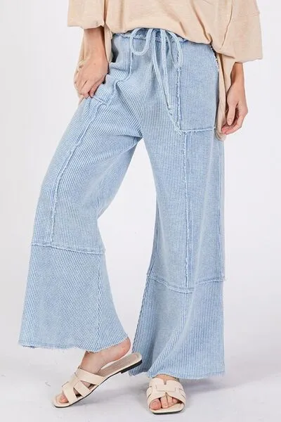 Waffle Textured Wide Leg Mineral Washed Pants in Light Blue