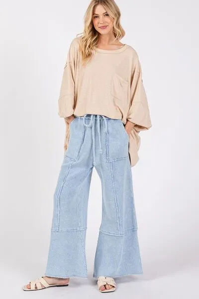 Waffle Textured Wide Leg Mineral Washed Pants in Light Blue