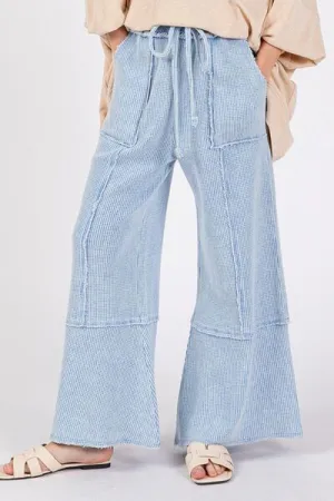 Waffle Textured Wide Leg Mineral Washed Pants in Light Blue