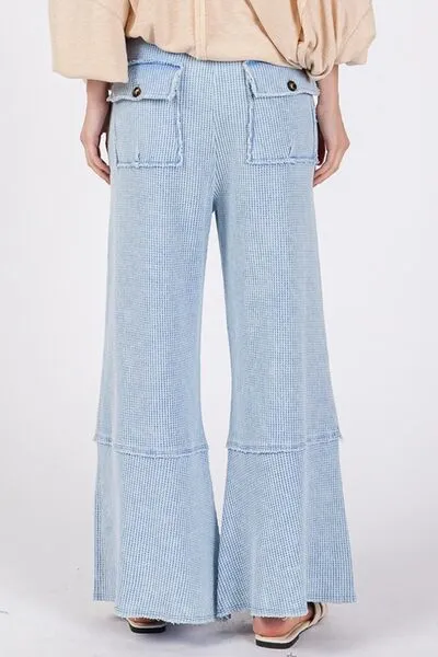 Waffle Textured Wide Leg Mineral Washed Pants in Light Blue