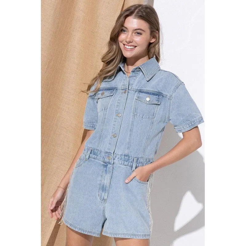 Washed Denim Overall Romper