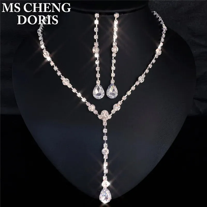 Water Drop Rhinestone Plated Necklace & Earrings Bridal Wedding Jewelry Set