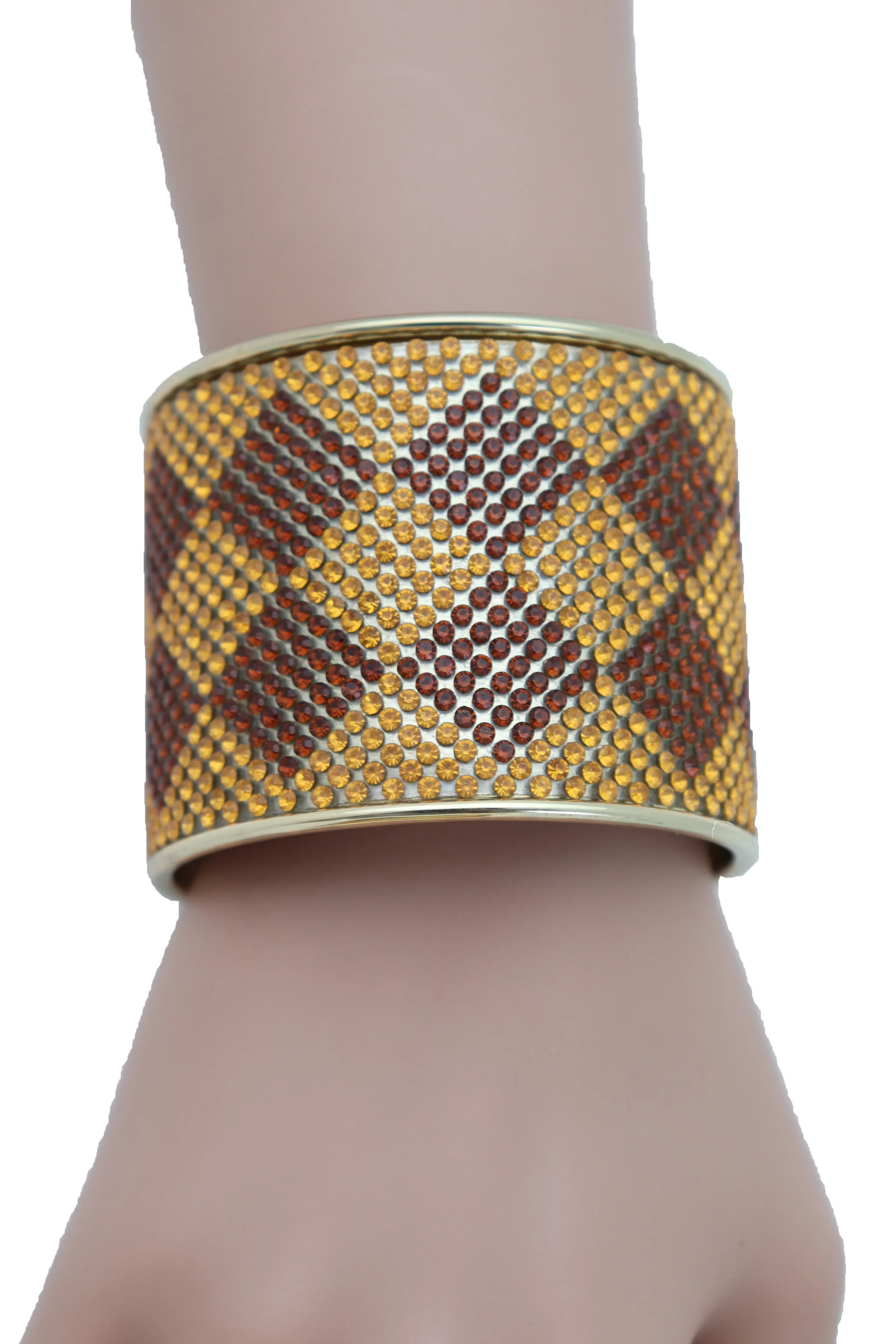 Wide Cuff Bracelet Fashion Gold Metal Brown Square Shape Geometric Urban