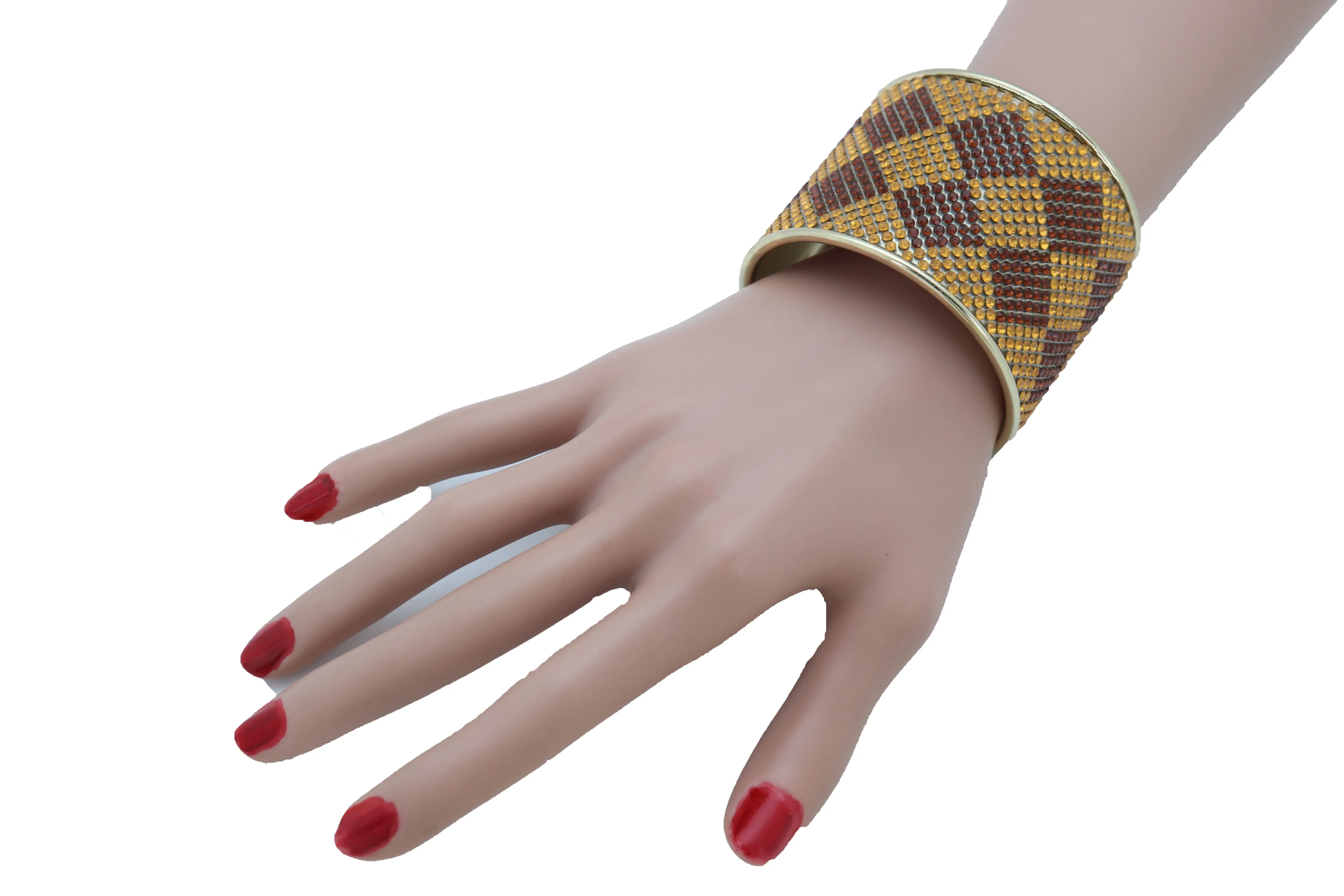 Wide Cuff Bracelet Fashion Gold Metal Brown Square Shape Geometric Urban