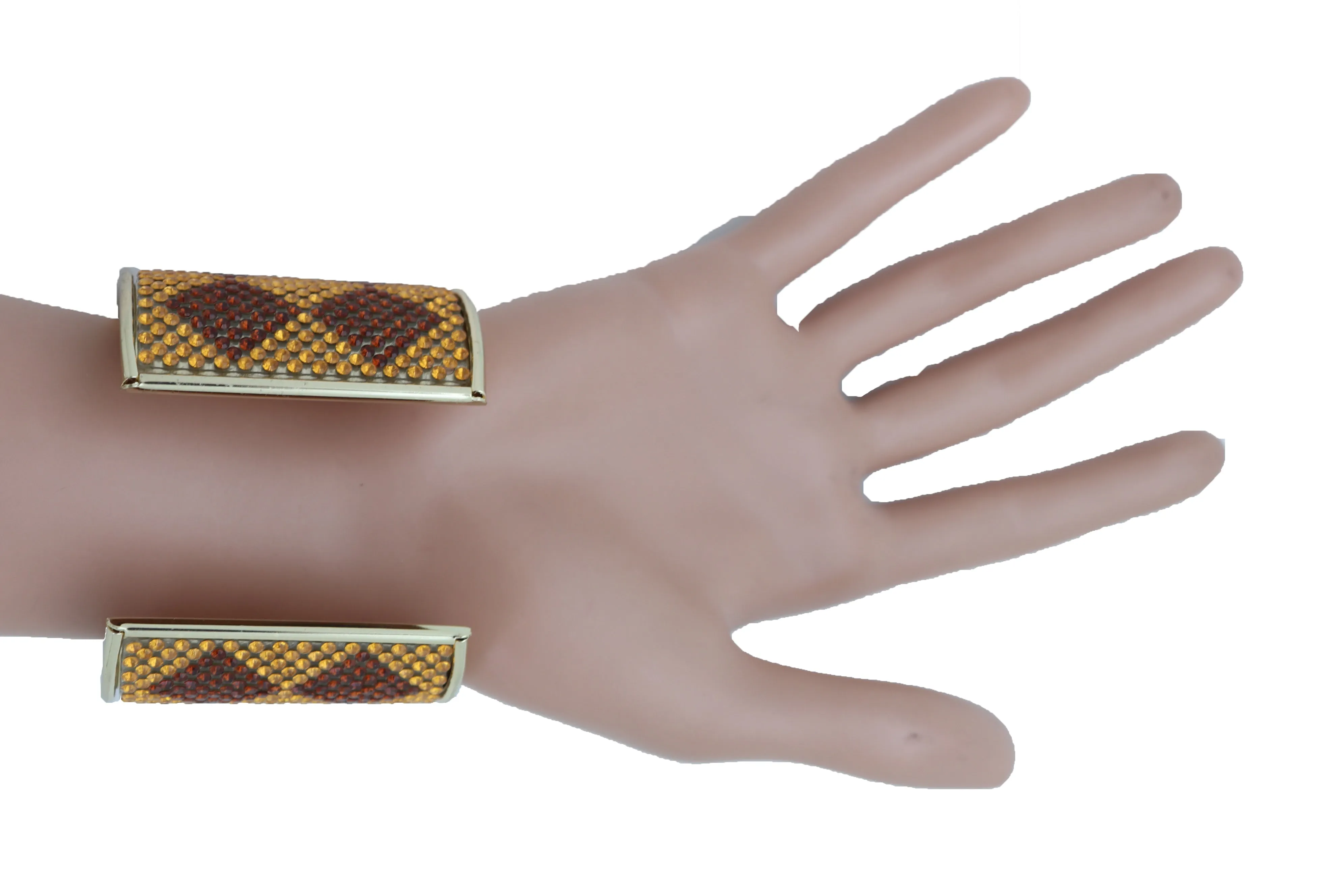 Wide Cuff Bracelet Fashion Gold Metal Brown Square Shape Geometric Urban