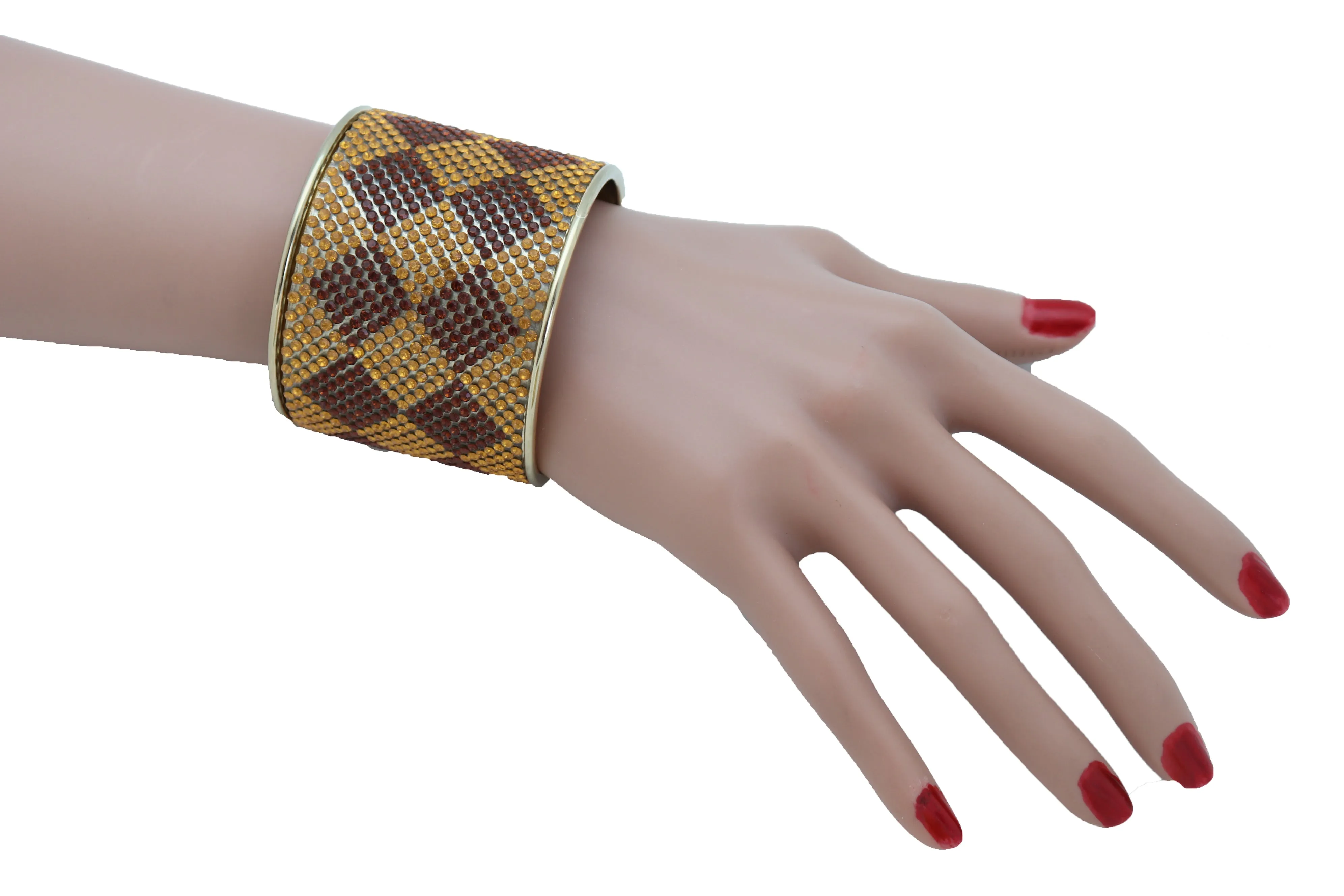 Wide Cuff Bracelet Fashion Gold Metal Brown Square Shape Geometric Urban