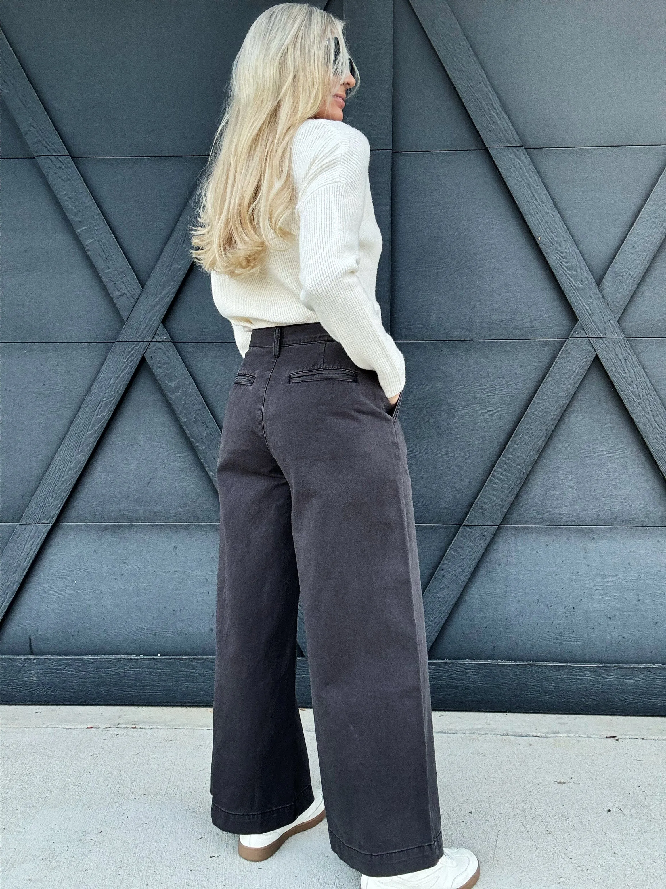 Wide Leg Cotton Pants In Charcoal