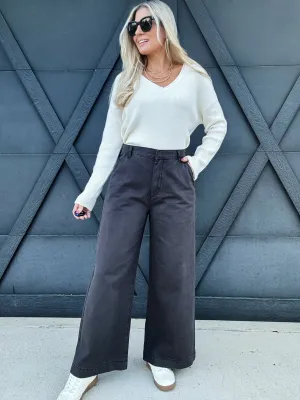Wide Leg Cotton Pants In Charcoal