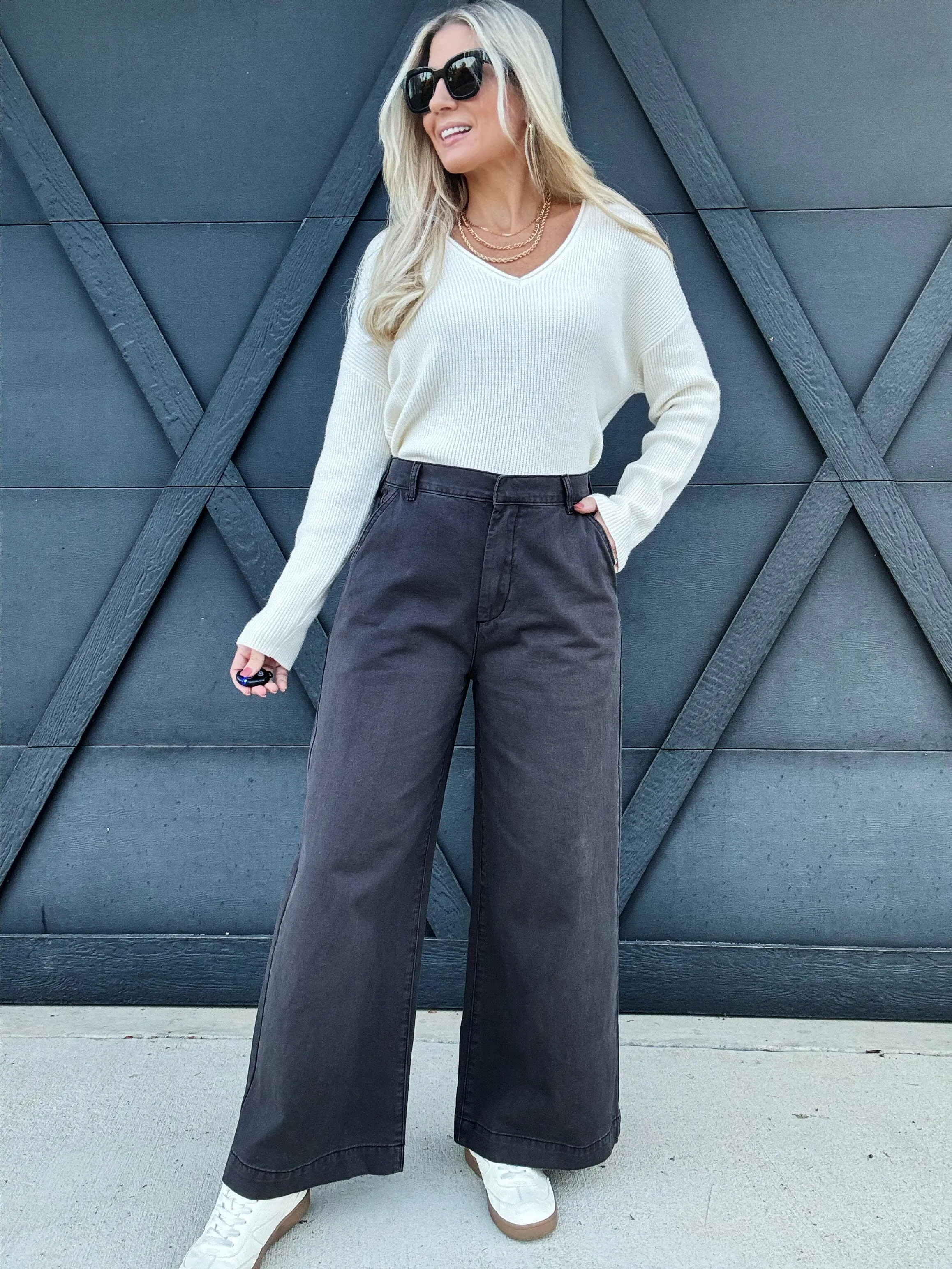 Wide Leg Cotton Pants In Charcoal