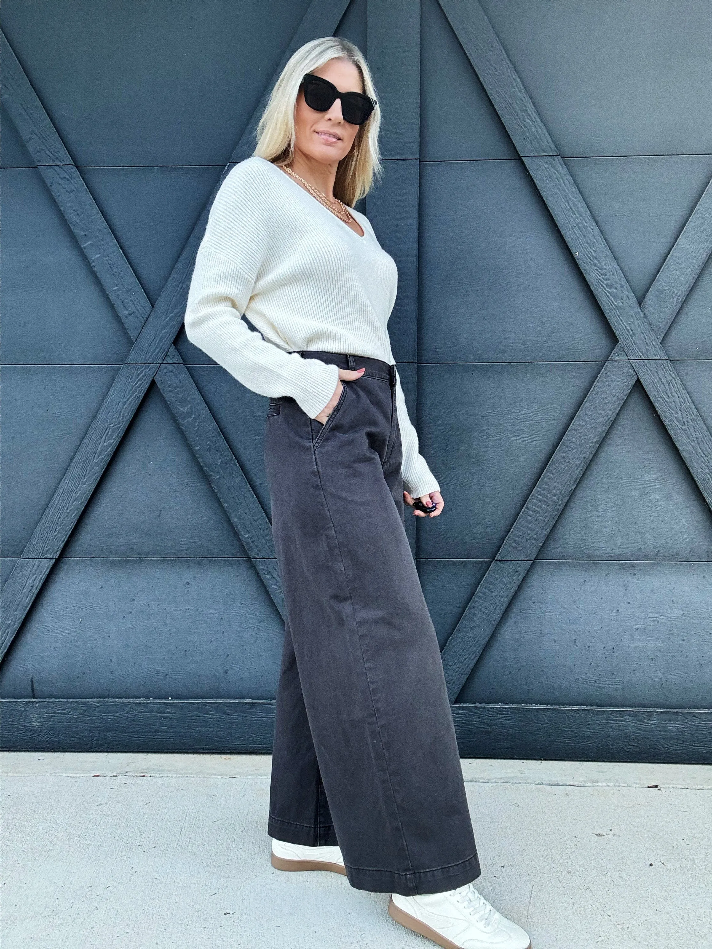 Wide Leg Cotton Pants In Charcoal