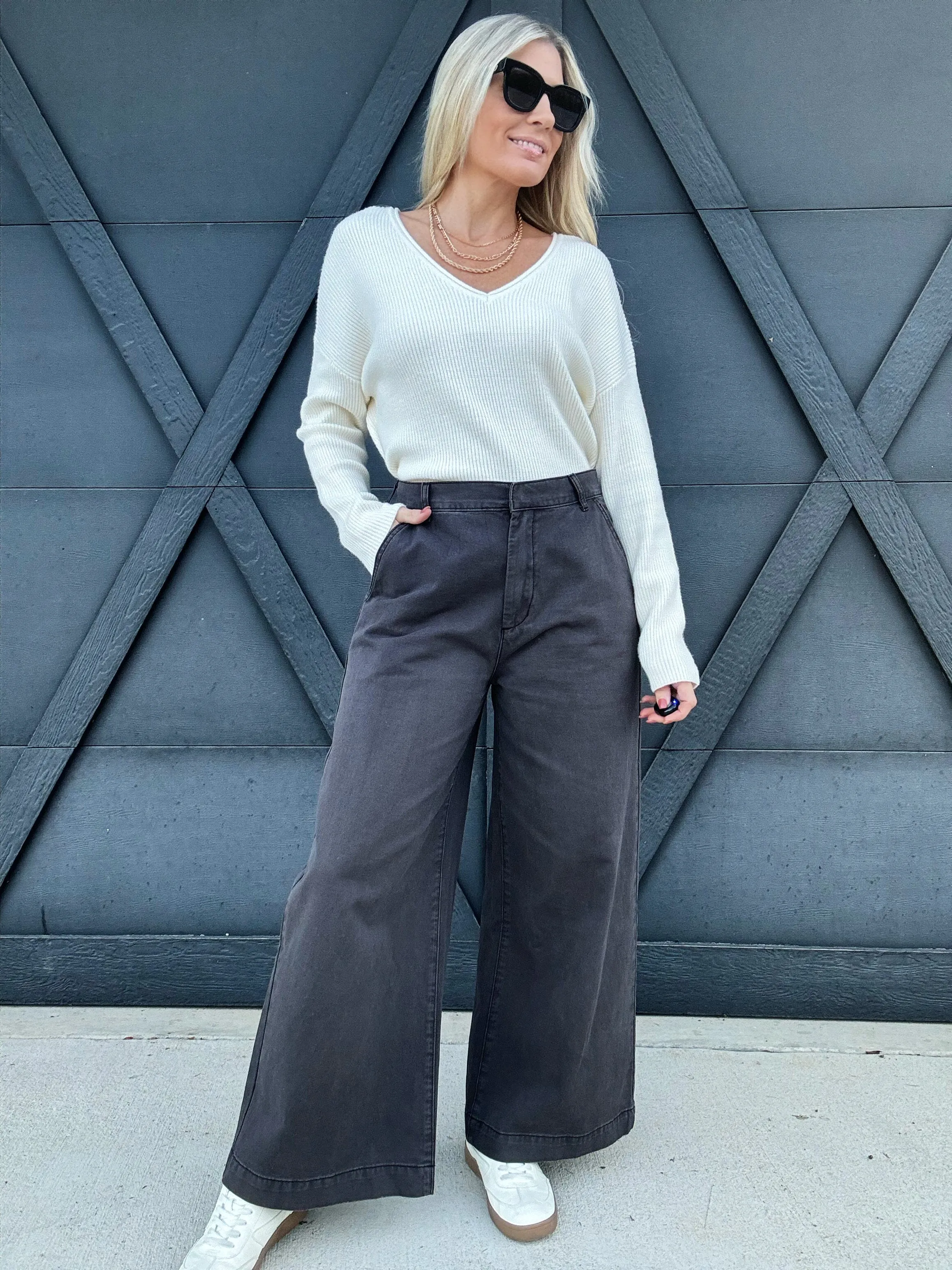 Wide Leg Cotton Pants In Charcoal