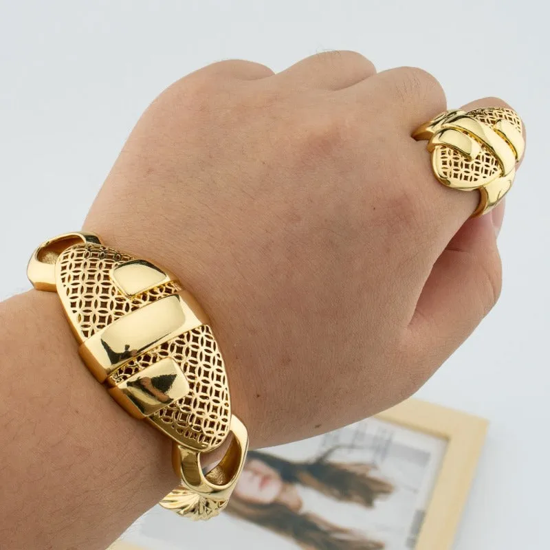 Women 18K Gold Jewelry Set Cuff Bangle Ring Bracelet Wedding