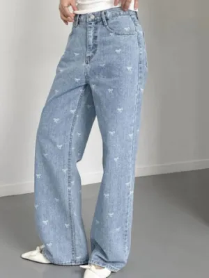 Women Light Blue Jeans Pant Korean Baggy Bow Decorated High Waisted Straight Leg Long Pant Female Casual Printed Button Trousers