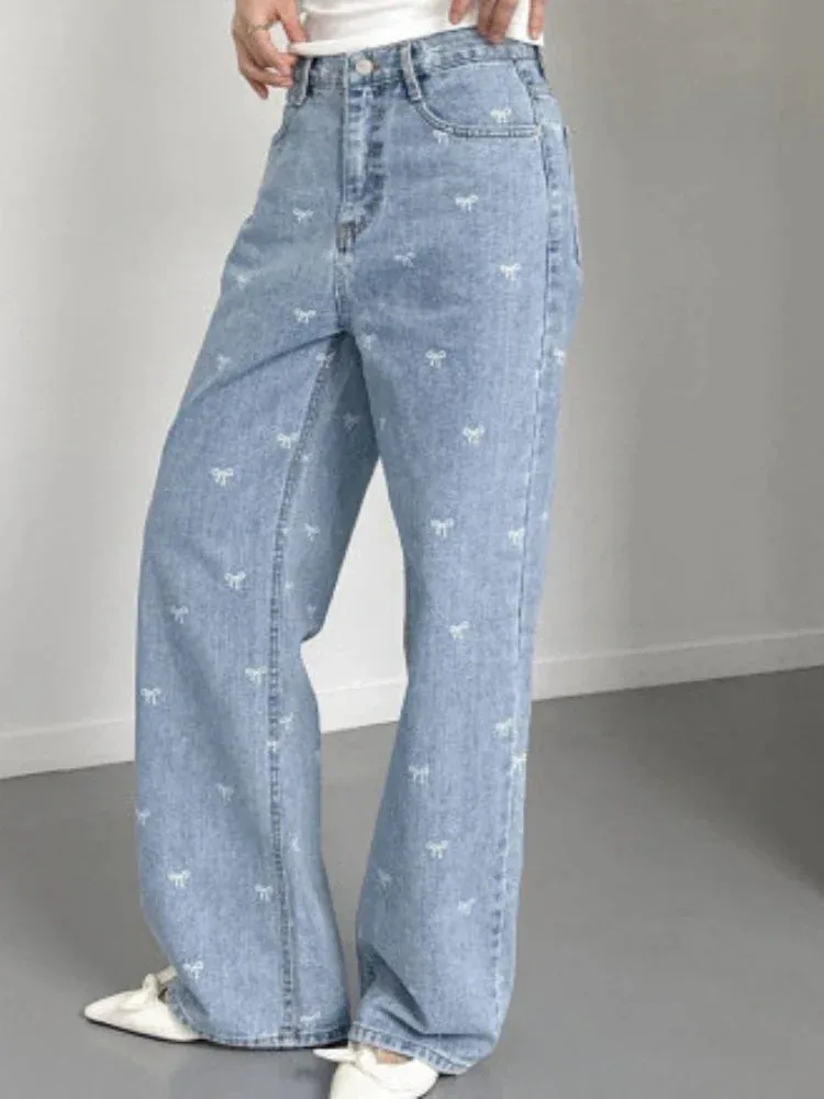 Women Light Blue Jeans Pant Korean Baggy Bow Decorated High Waisted Straight Leg Long Pant Female Casual Printed Button Trousers