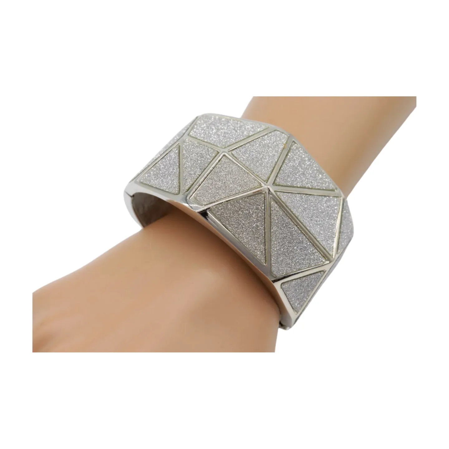 Women Silver Color Metal Wide Bracelet Sparkling Glitter Geometric