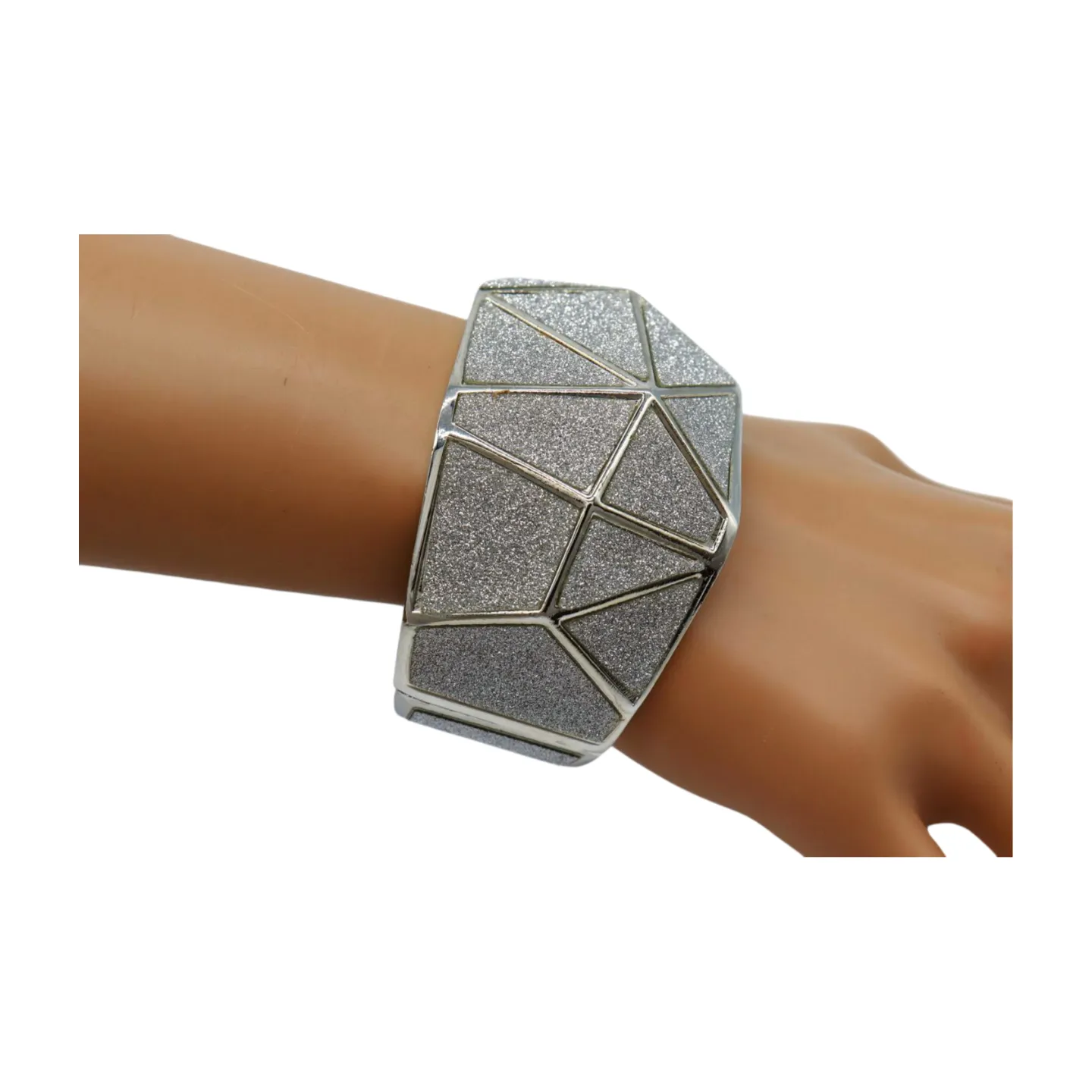 Women Silver Color Metal Wide Bracelet Sparkling Glitter Geometric