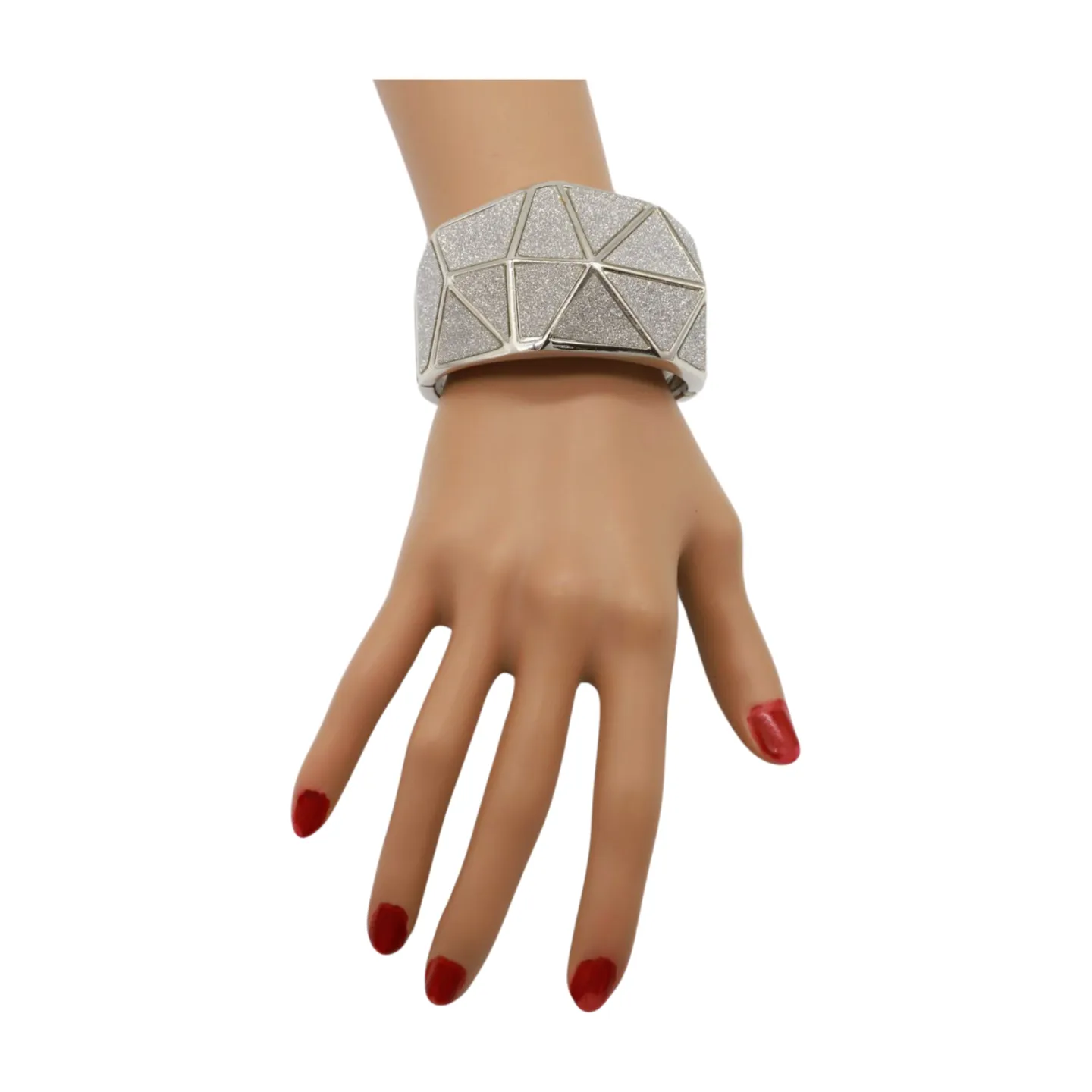 Women Silver Color Metal Wide Bracelet Sparkling Glitter Geometric