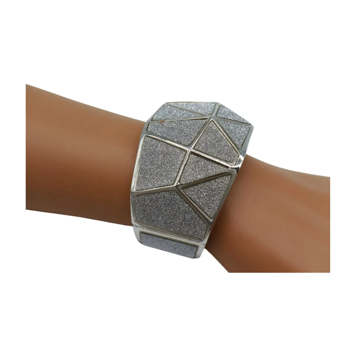 Women Silver Color Metal Wide Bracelet Sparkling Glitter Geometric