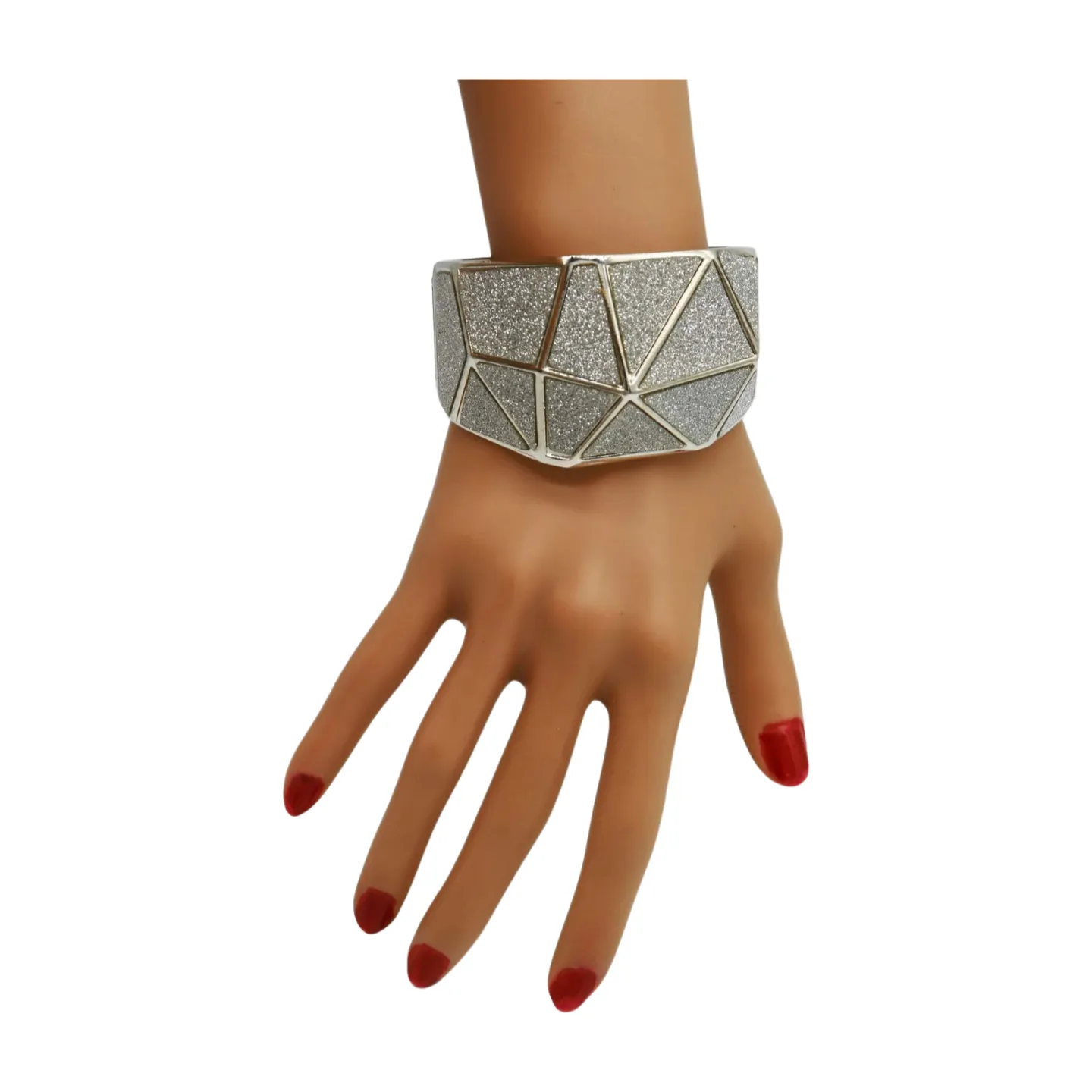 Women Silver Color Metal Wide Bracelet Sparkling Glitter Geometric