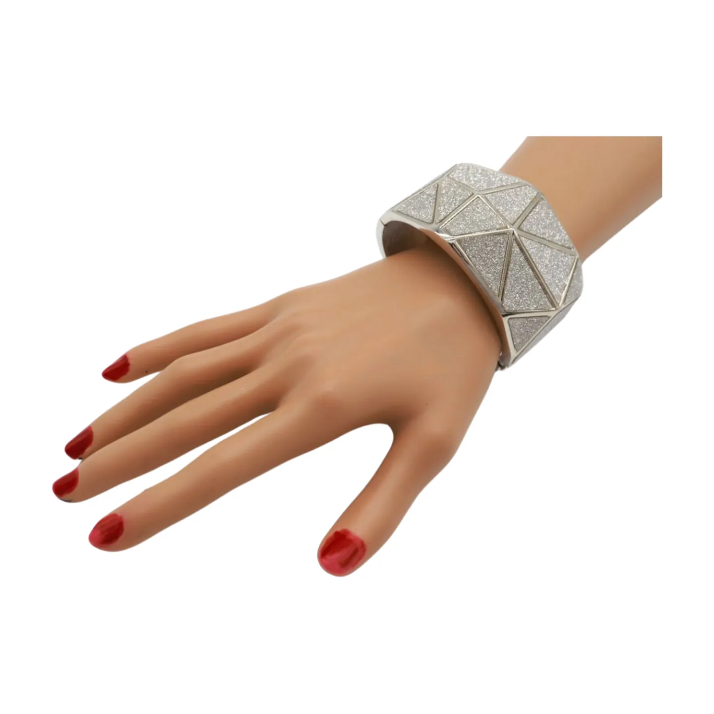 Women Silver Color Metal Wide Bracelet Sparkling Glitter Geometric