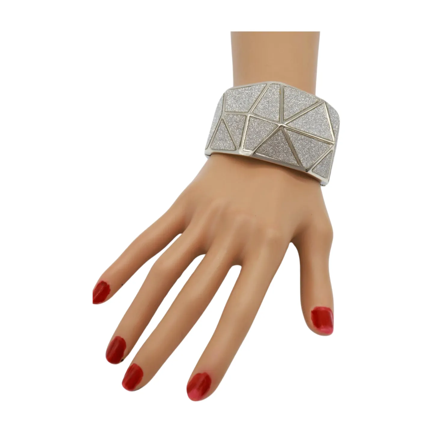 Women Silver Color Metal Wide Bracelet Sparkling Glitter Geometric