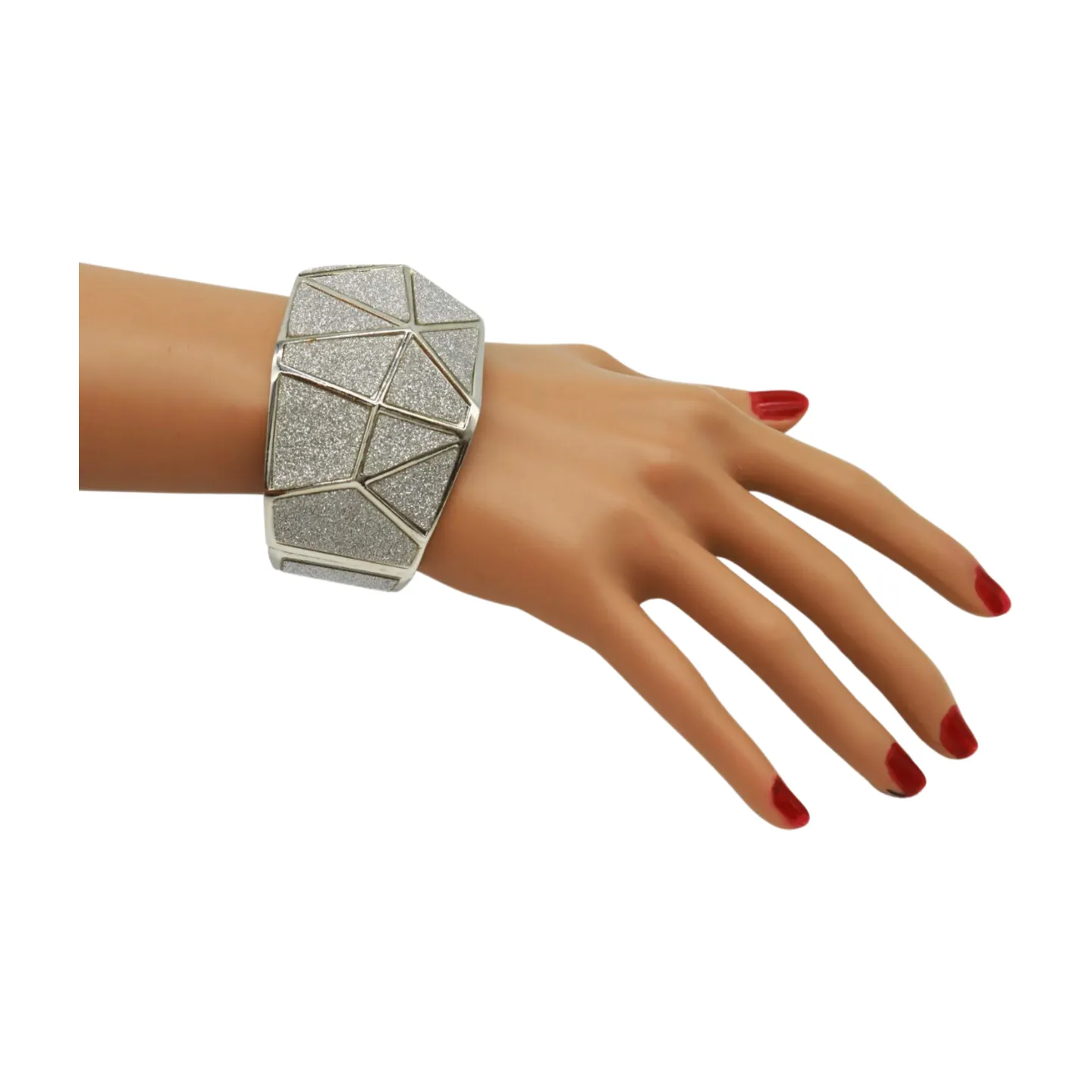 Women Silver Color Metal Wide Bracelet Sparkling Glitter Geometric