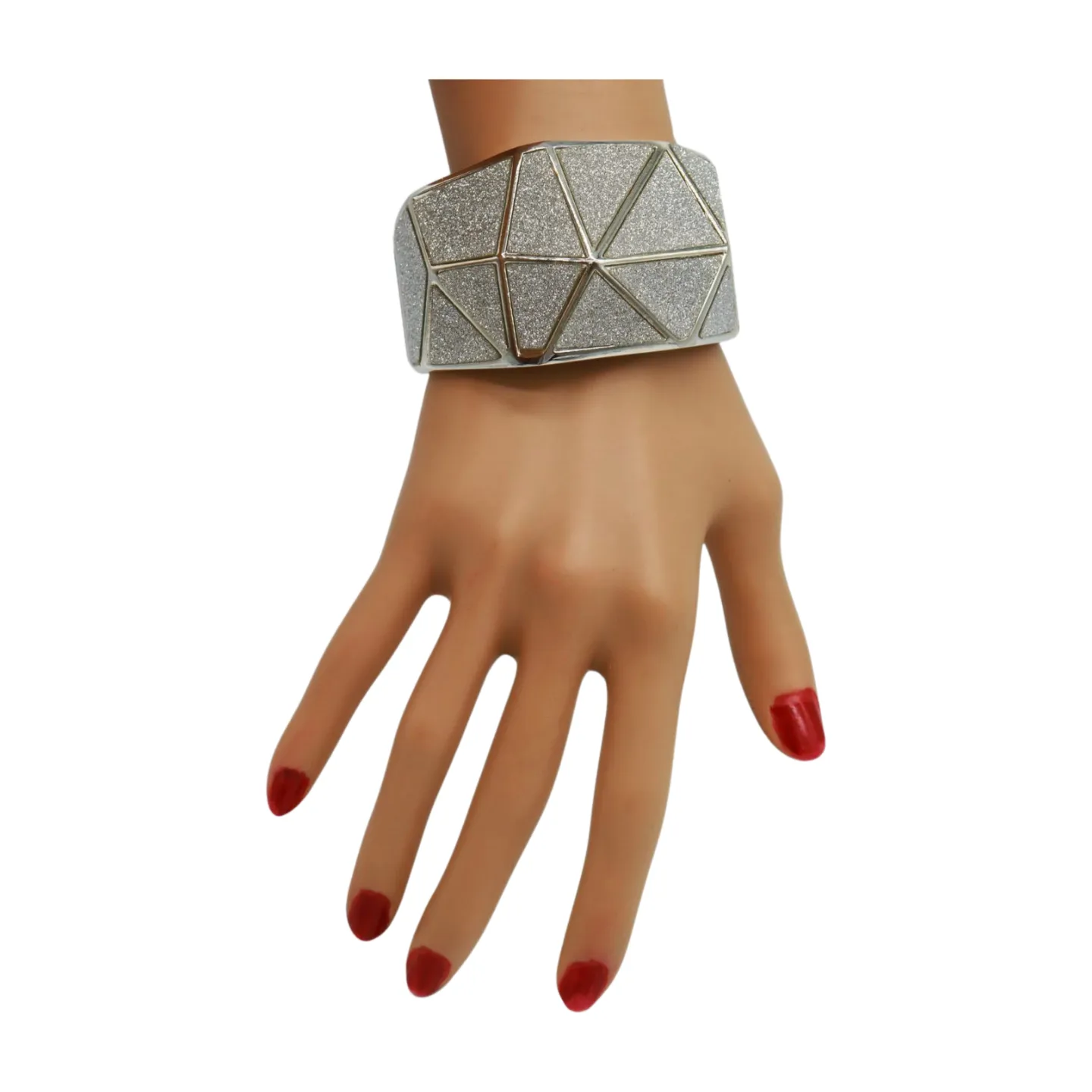 Women Silver Color Metal Wide Bracelet Sparkling Glitter Geometric