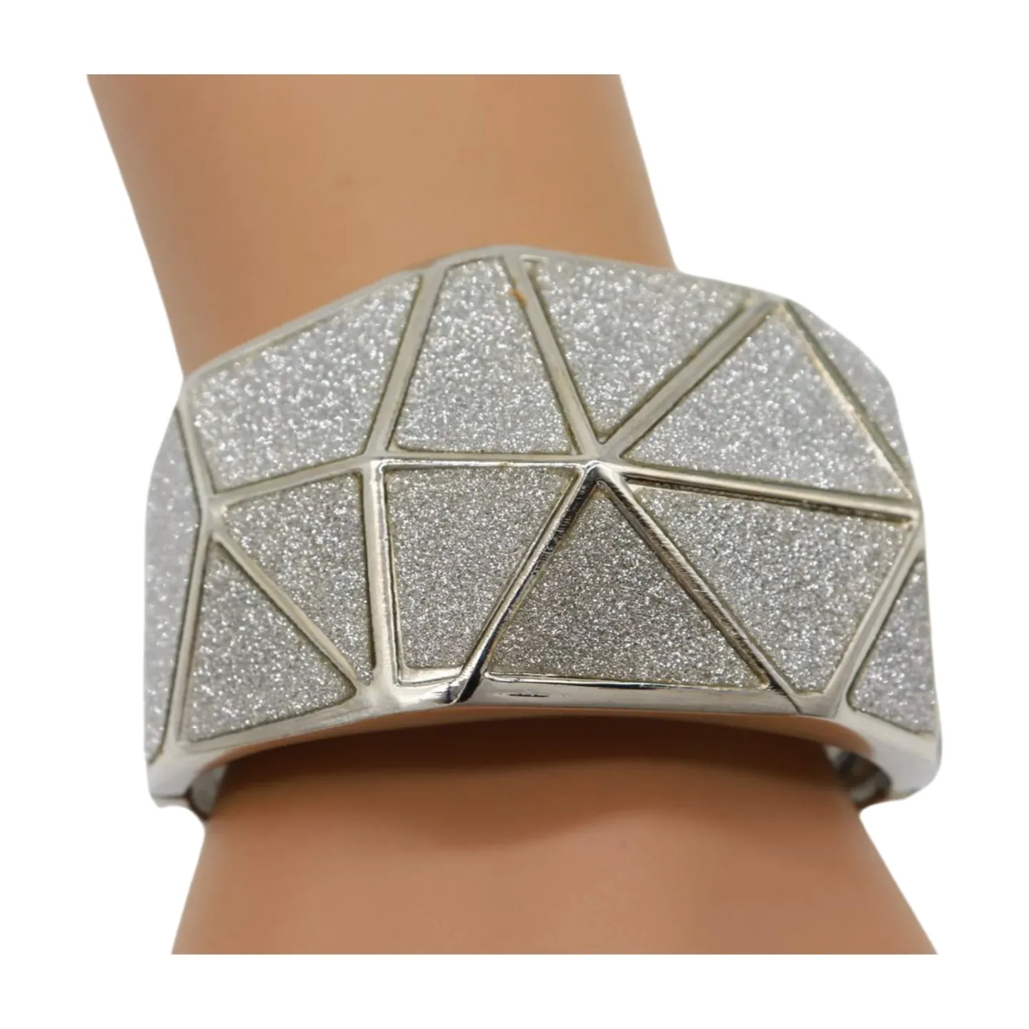 Women Silver Color Metal Wide Bracelet Sparkling Glitter Geometric