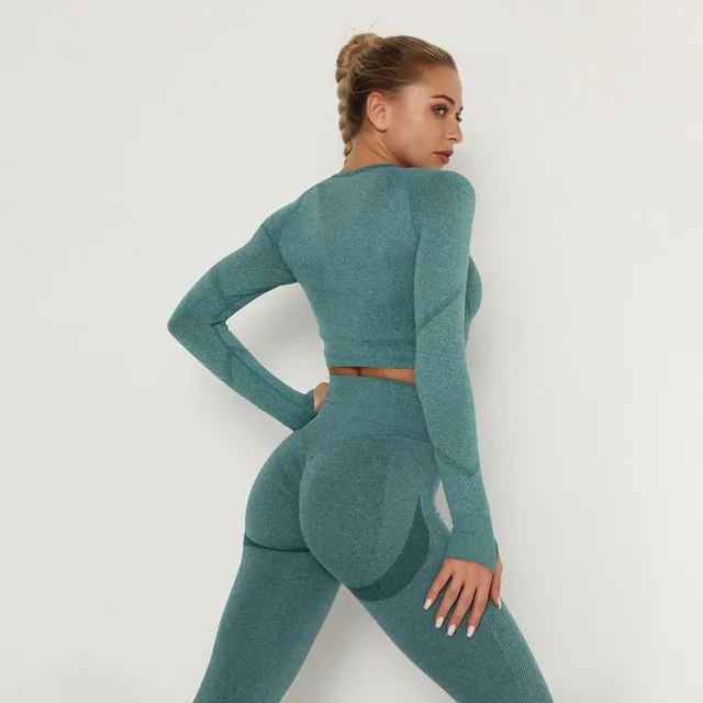 Women Sport Set For Gym Long Sleeve Top High Waist Yoga set