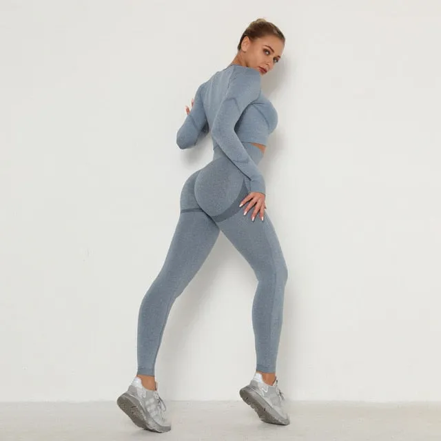 Women Sport Set For Gym Long Sleeve Top High Waist Yoga set