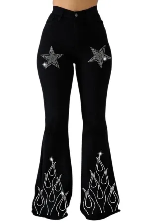 Women's Bell Bottom Jeans With Rhinestone Flames & Stars