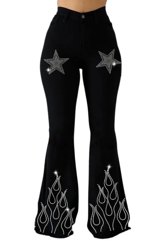 Women's Bell Bottom Jeans With Rhinestone Flames & Stars