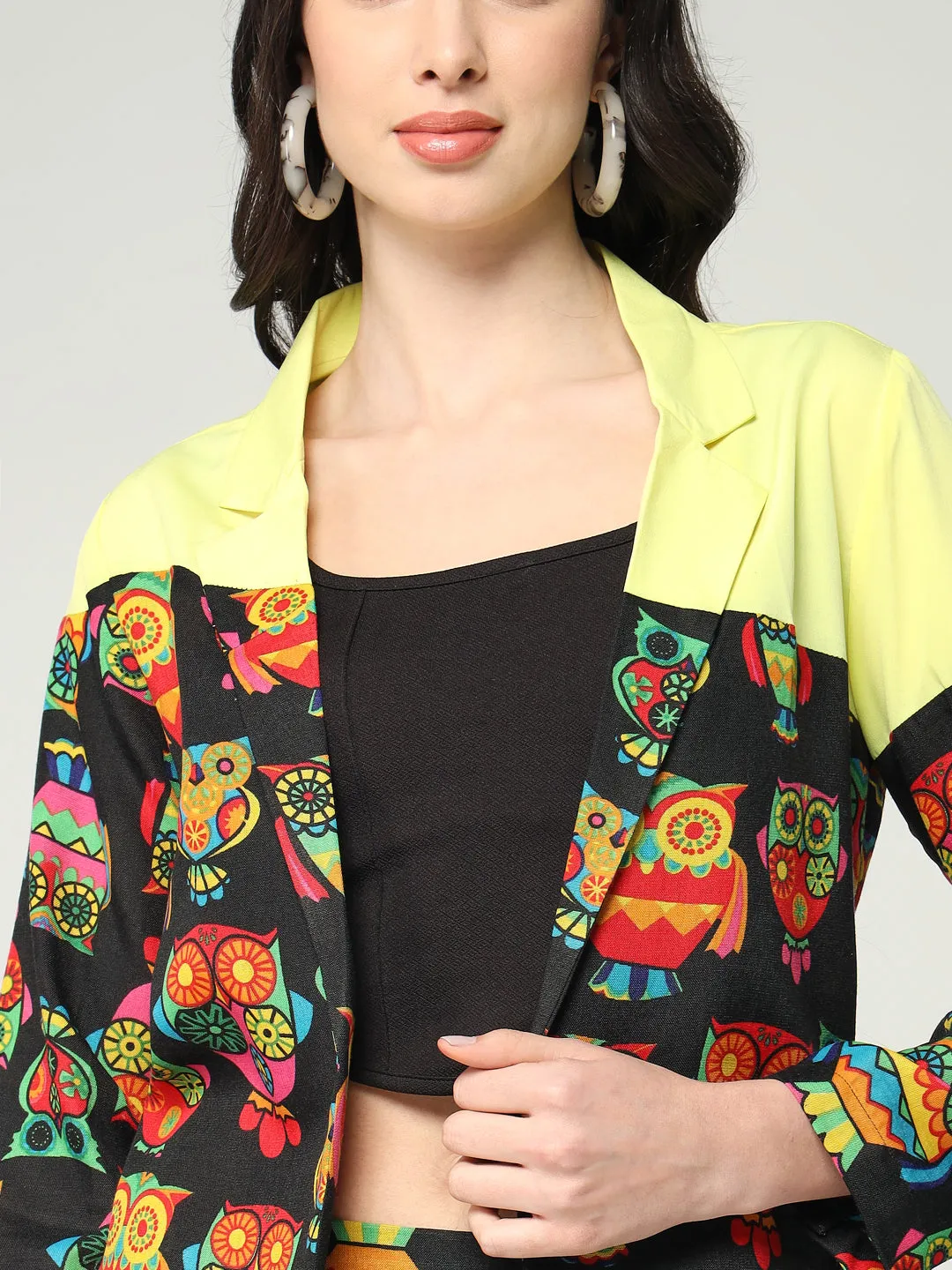Women's Quirky Owl Printed Blazer With Solid Colorblocking And Matching Pants